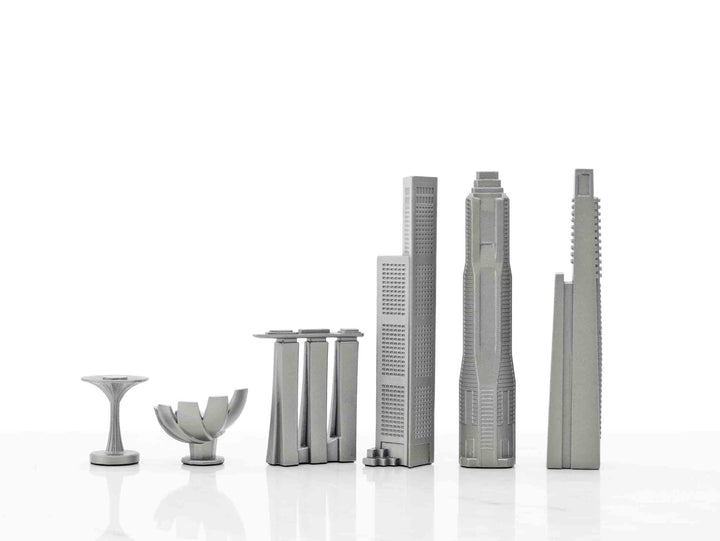 Skyline Chess Set, Singapore, Steel Metal, Side View, Wood Board