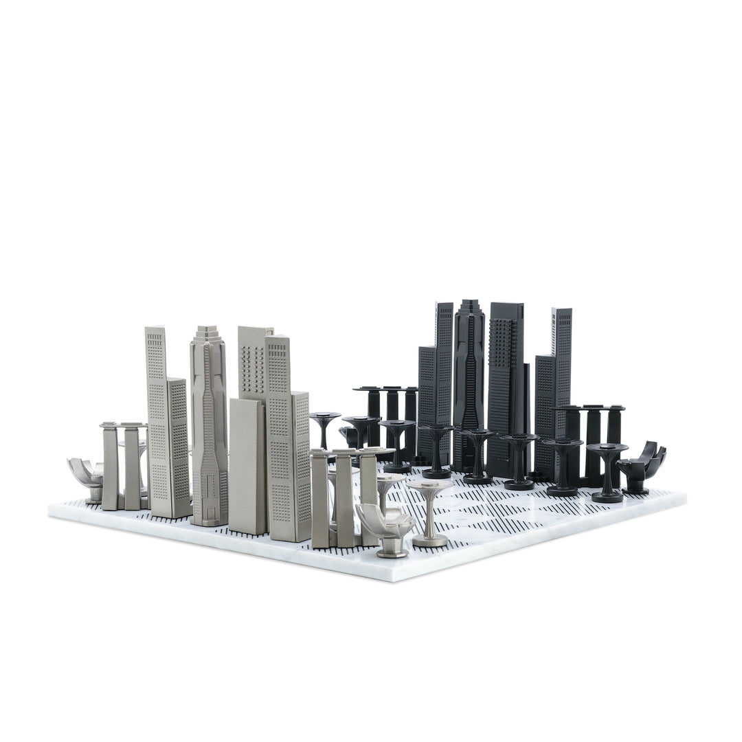 Skyline Chess Set, Singapore, Steel Metal, Corner View, Marble Board