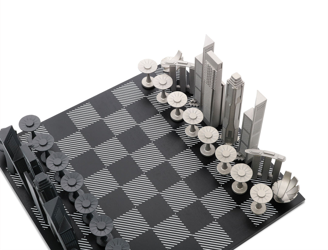 Skyline Chess Set, Singapore, Steel Metal, Corner View, Hatch Board