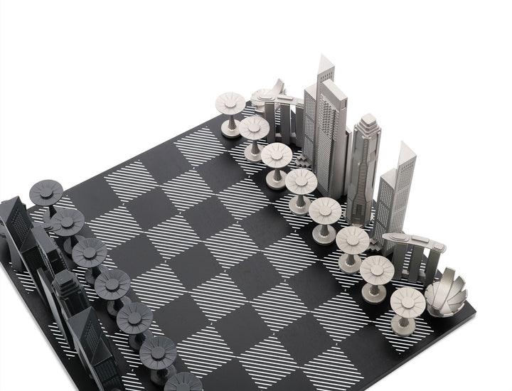Skyline Chess Set, Singapore, Steel Metal, Corner View, Hatch Board