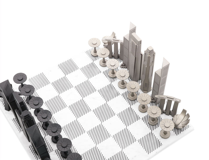 Skyline Chess Set, Singapore, Steel Metal, Corner View, Marble Board