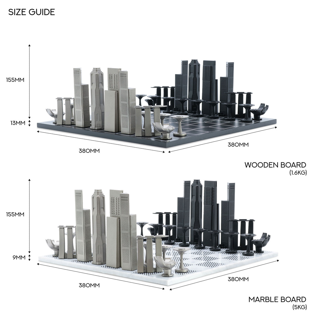 Skyline Chess Set, Singapore, Steel Metal, Side View