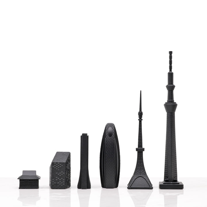 Skyline Chess Set, Tokyo, Bronze, Elevation View