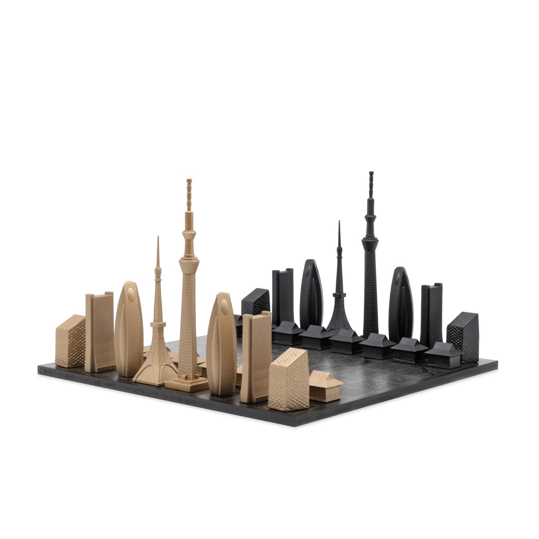 Skyline Chess Set, Tokyo, Bronze, Side View, Wood Board