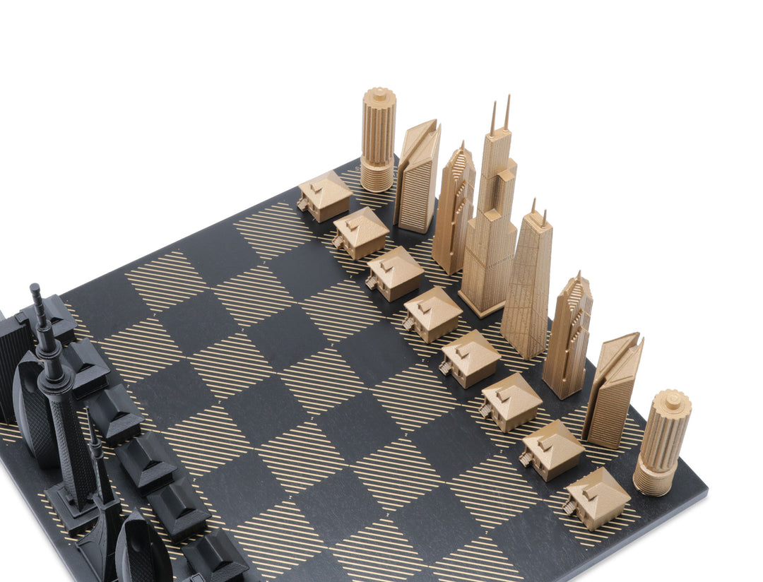 Skyline Chess Set, Doha Vs London, Bronze, Corner View, Gold Wooden Hatch Board