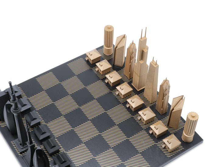 Skyline Chess Set, Doha Vs London, Bronze, Corner View, Gold Wooden Hatch Board