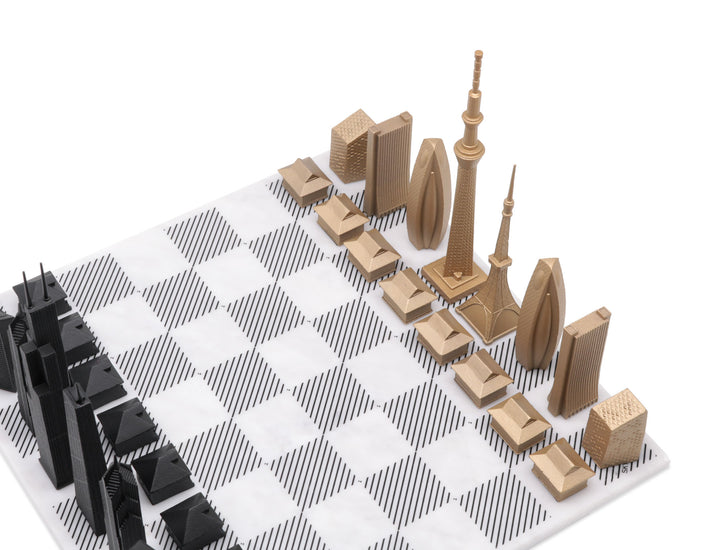 Skyline Chess Set, Dubai Vs Chicago, Bronze, Corner View, Marble Board