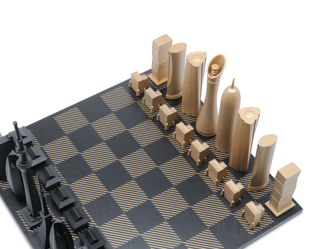 Skyline Chess Set, Doha Vs New York, Bronze, Corner View, Gold Wooden Hatch Board