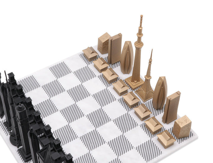 Skyline Chess Set, Doha Vs New York, Bronze, Corner View, Marble Board