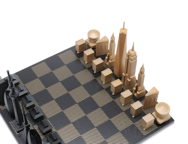 Skyline Chess Set, Doha Vs Dubai, Bronze, Corner View, Gold Wooden Hatch Board