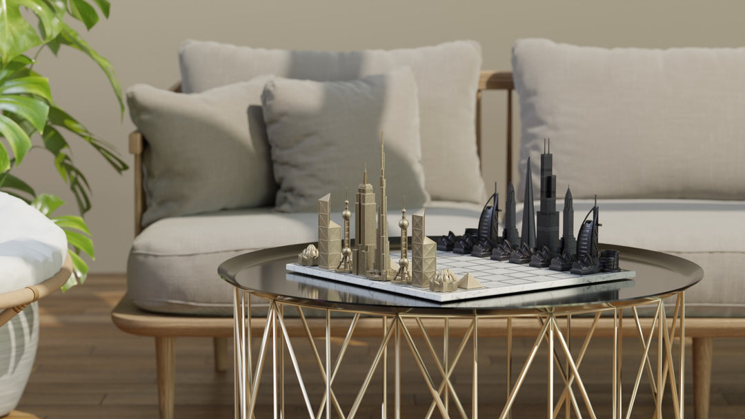 Skyline Chess Set, World Icons, Bronze, Side View