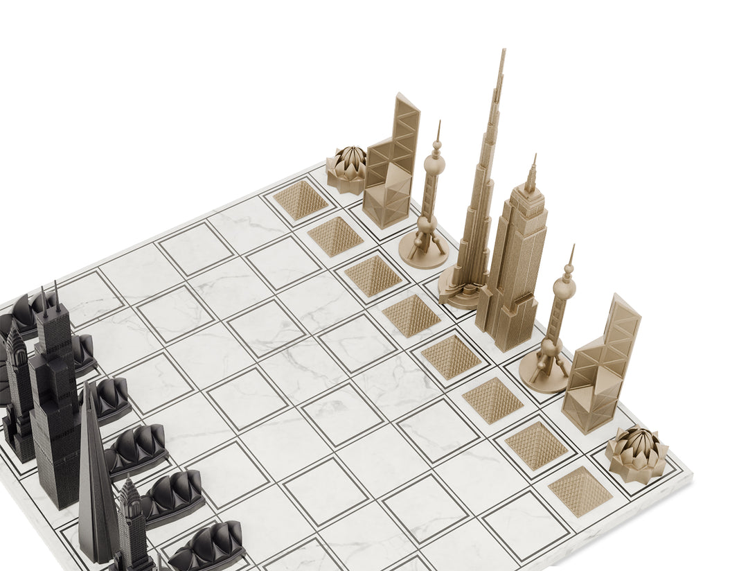 Skyline Chess Set, World Icons, Bronze, Corner View, Marble Grid Board