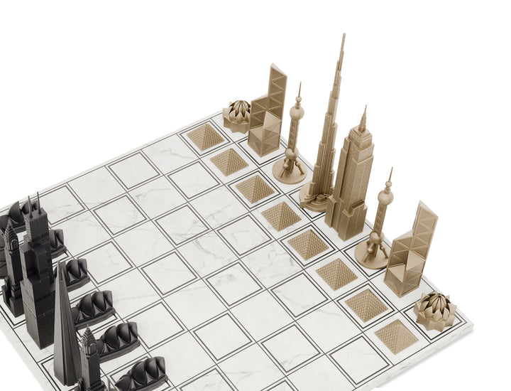 Skyline Chess Set, World Icons, Bronze, Corner View, Marble Grid Board