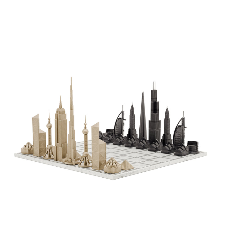 Skyline Chess Set, World Icons, Bronze, Corner View, Marble Board
