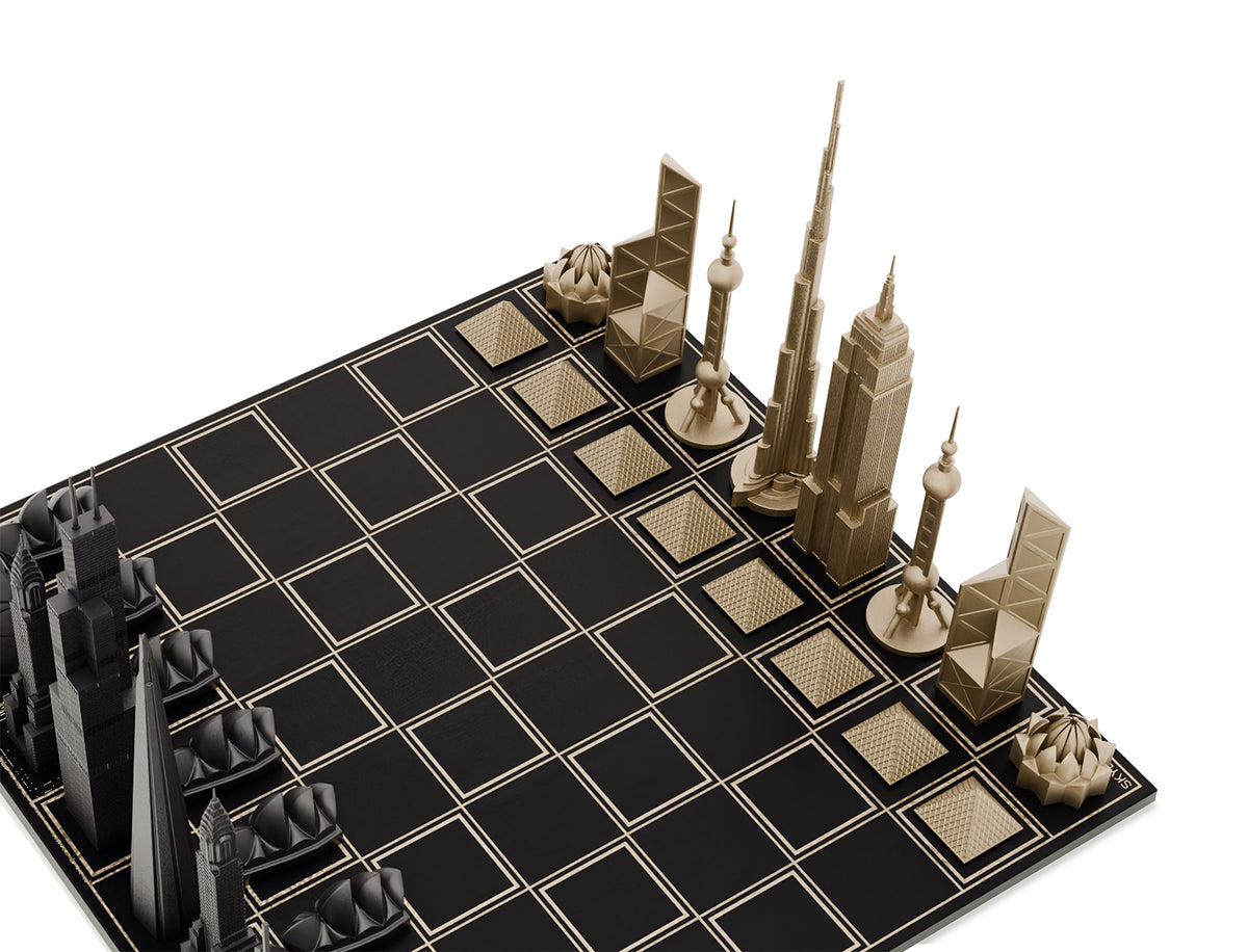 Skyline Chess Set, World Icons, Bronze, Corner View, Marble Grid Board
