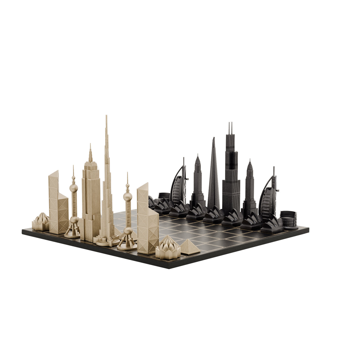Skyline Chess Set, World Icons, Bronze, Corner View, Wood Board