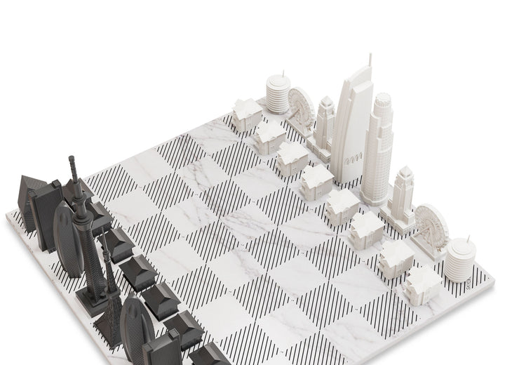 Skyline Chess Set, Chicago Vs. London, Acrylic, Side View, Marble Board