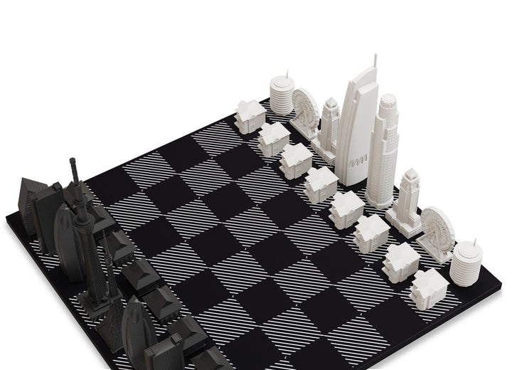 Skyline Chess Set, Chicago Vs. Los Angeles, Acrylic, Carrara Marble Board