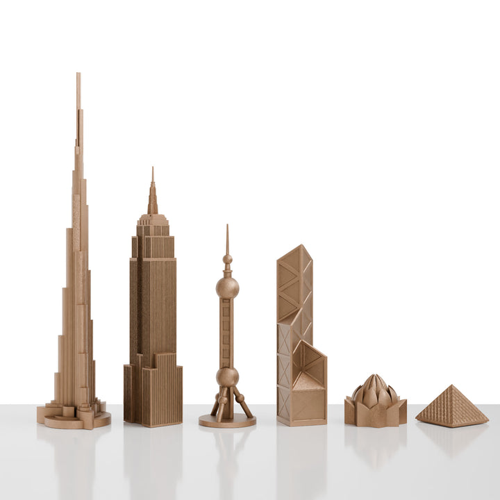 Skyline Chess, Replacement 6-Pieces Set, World Icons, Bronze, Front View