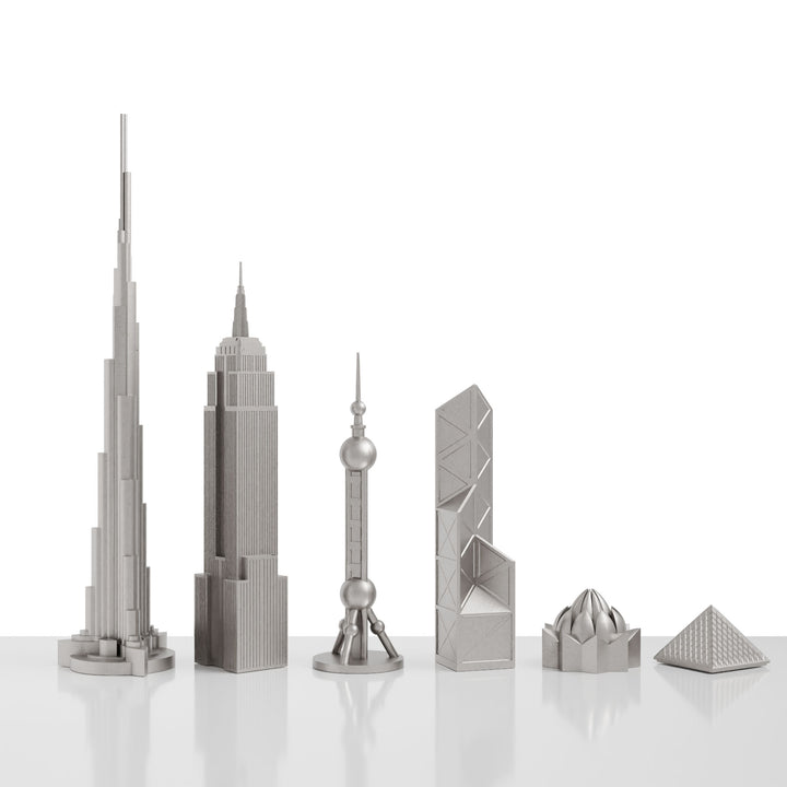 Skyline Chess, Replacement Pieces Rook, World Icons, Steel Metal, Side View