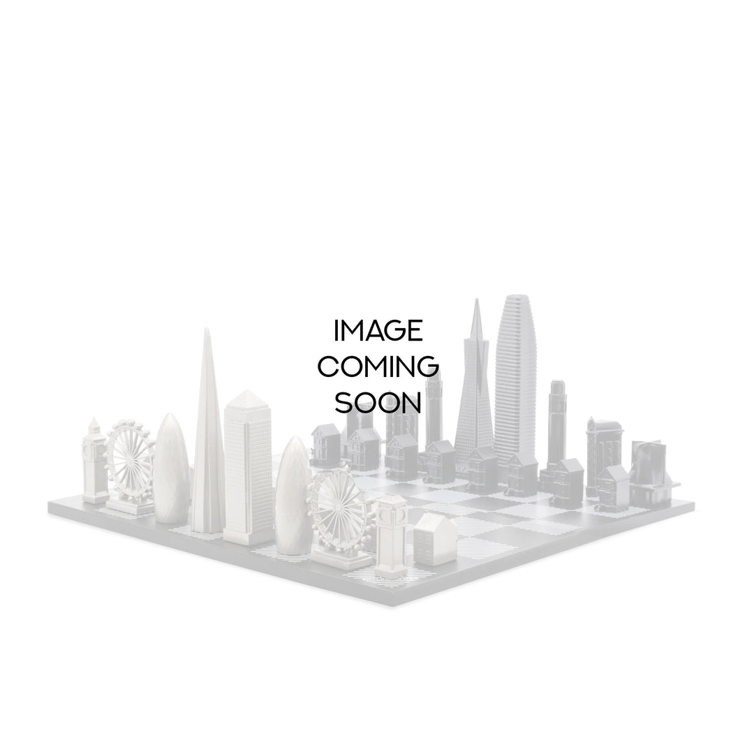 Skyline Chess Set, Chicago Vs. Paris, Steel Metal, Side View, Marble Board