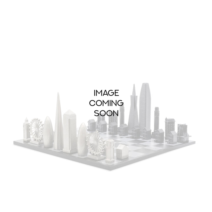 Skyline Chess Set, London vs San Francisco, Steel Metal, Side View, Wood Board