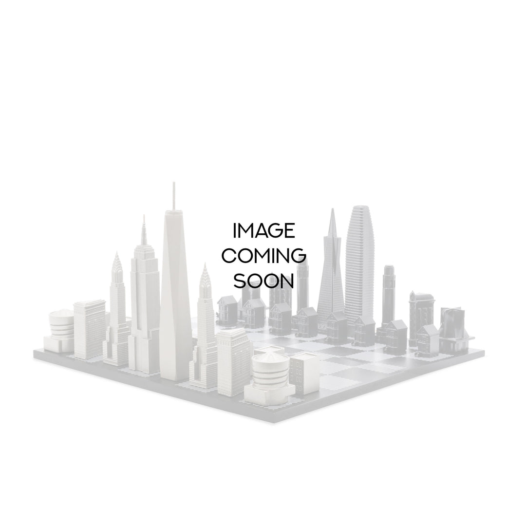 Skyline Chess Set, Chicago Vs. San Francisco, Steel Metal, Side View, Wooden Board