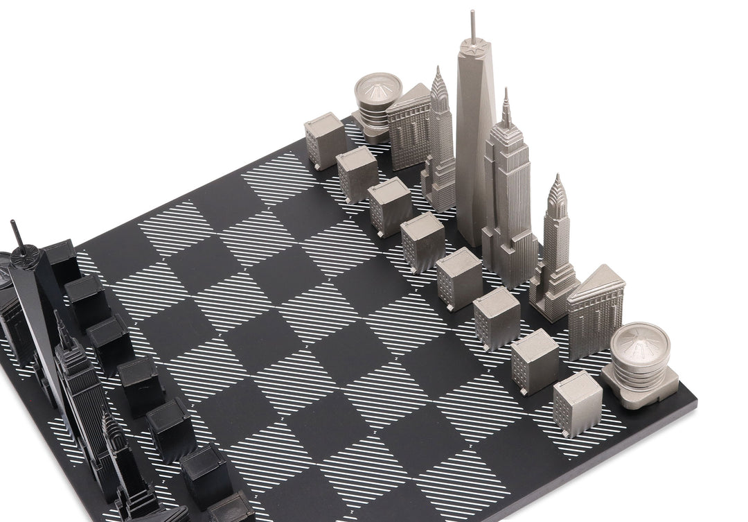 Skyline Chess Set, New York, Steel Metal, Corner View, Hatch Board
