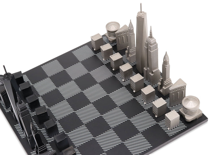 Skyline Chess Set, New York, Steel Metal, Corner View, Hatch Board
