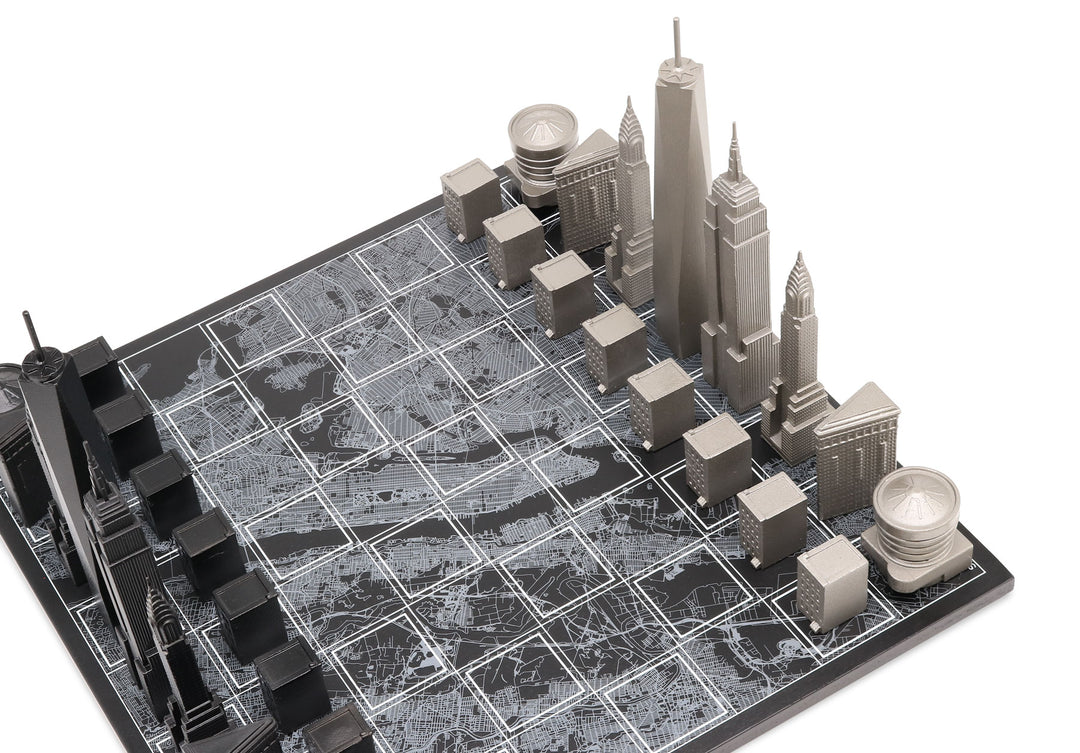 Skyline Chess Set, New York, Steel, Corner View, Wood Board