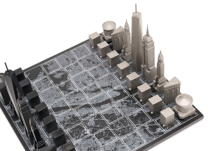 Skyline Chess Set, New York, Steel, Corner View, Wood Board