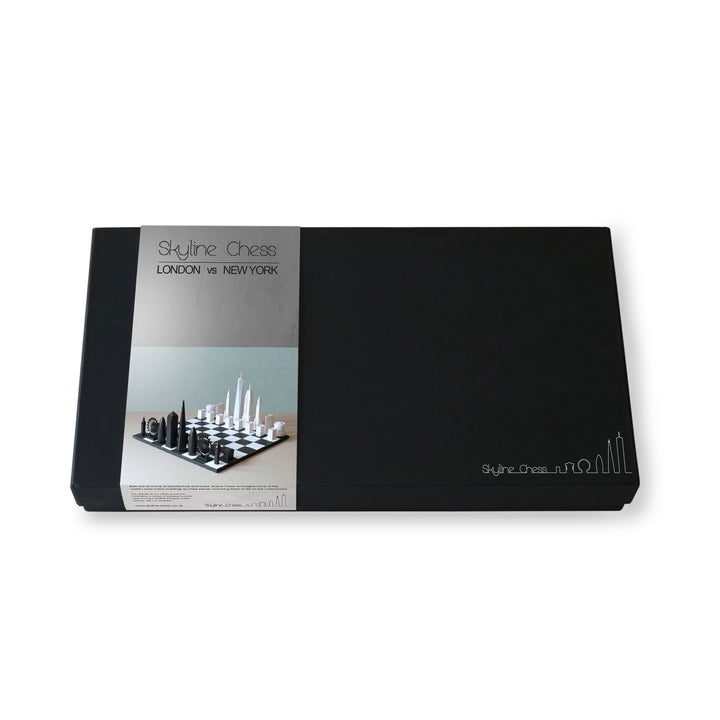 Skyline Chess Set, London Vs. Los Angeles, Acrylic, Square View, Carrara Marble Board