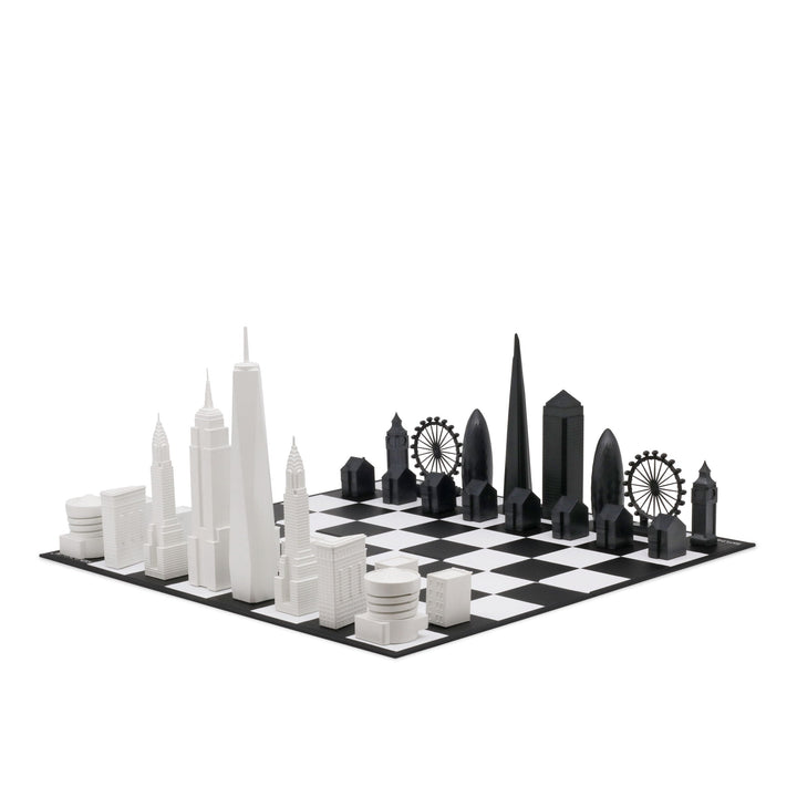 Skyline Chess Set, New York Vs. Los Angeles, Acrylic, Corner View, Marble Board