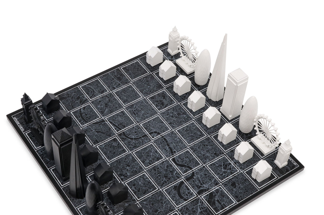 Skyline Chess Set, London, Acrylic, Corner View, Wood Map Board