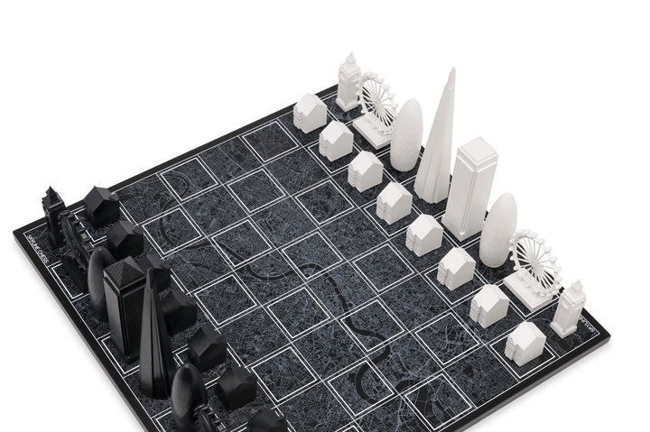 Skyline Chess Set, London, Acrylic, Corner View, Wood Map Board