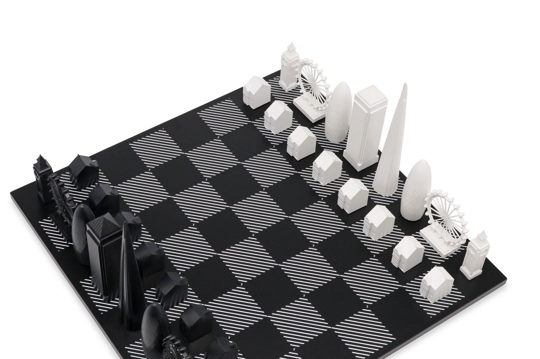 Skyline Chess Set, London, Acrylic, Corner View, Hatch Board
