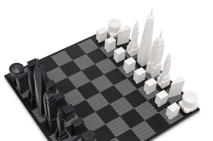 Skyline Chess Set, New York, Acrylic, Corner View, Hatch Board