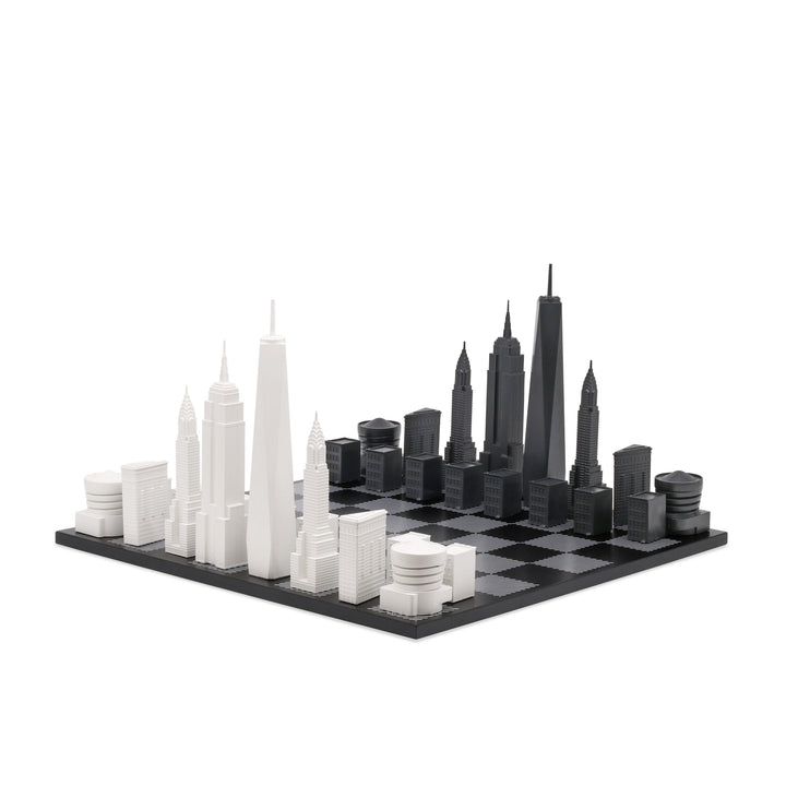 Skyline Chess Set, New York, Acrylic, Side View, Marble Hatch Board