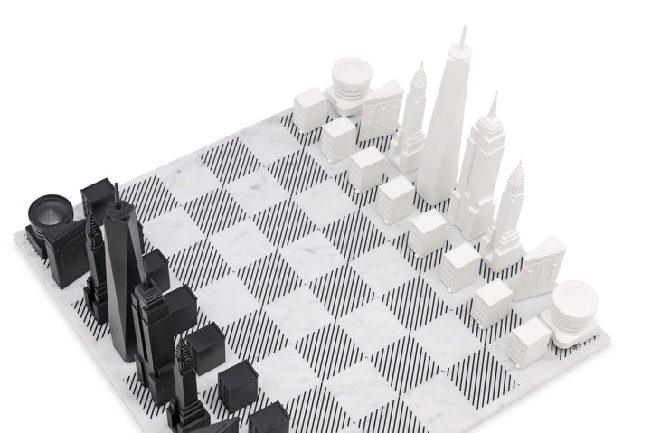 Skyline Chess Set, New York, Acrylic, Corner View, Marble Board