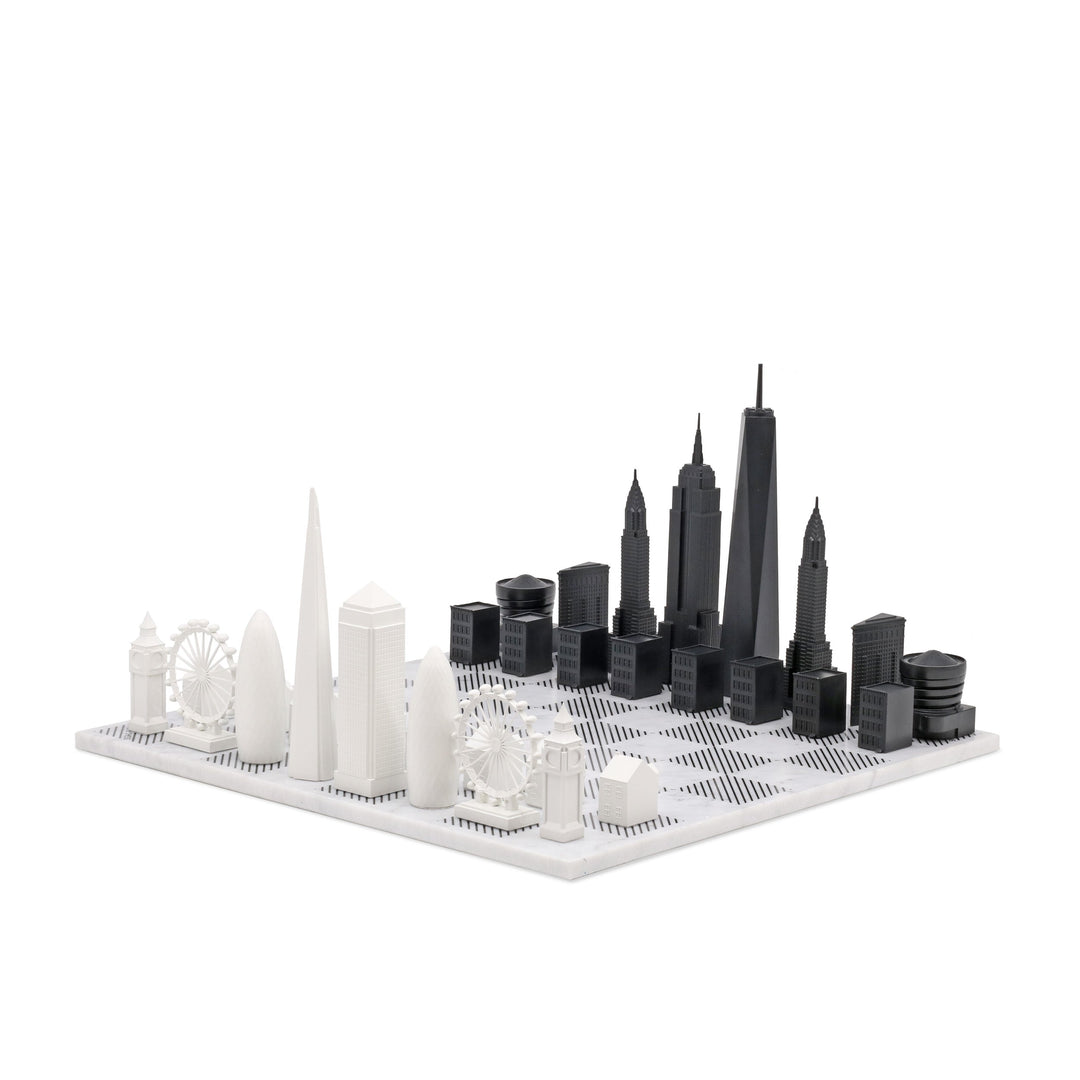 Skyline Chess Set, New York Vs. Los Angeles, Acrylic, Side View, Wood Board