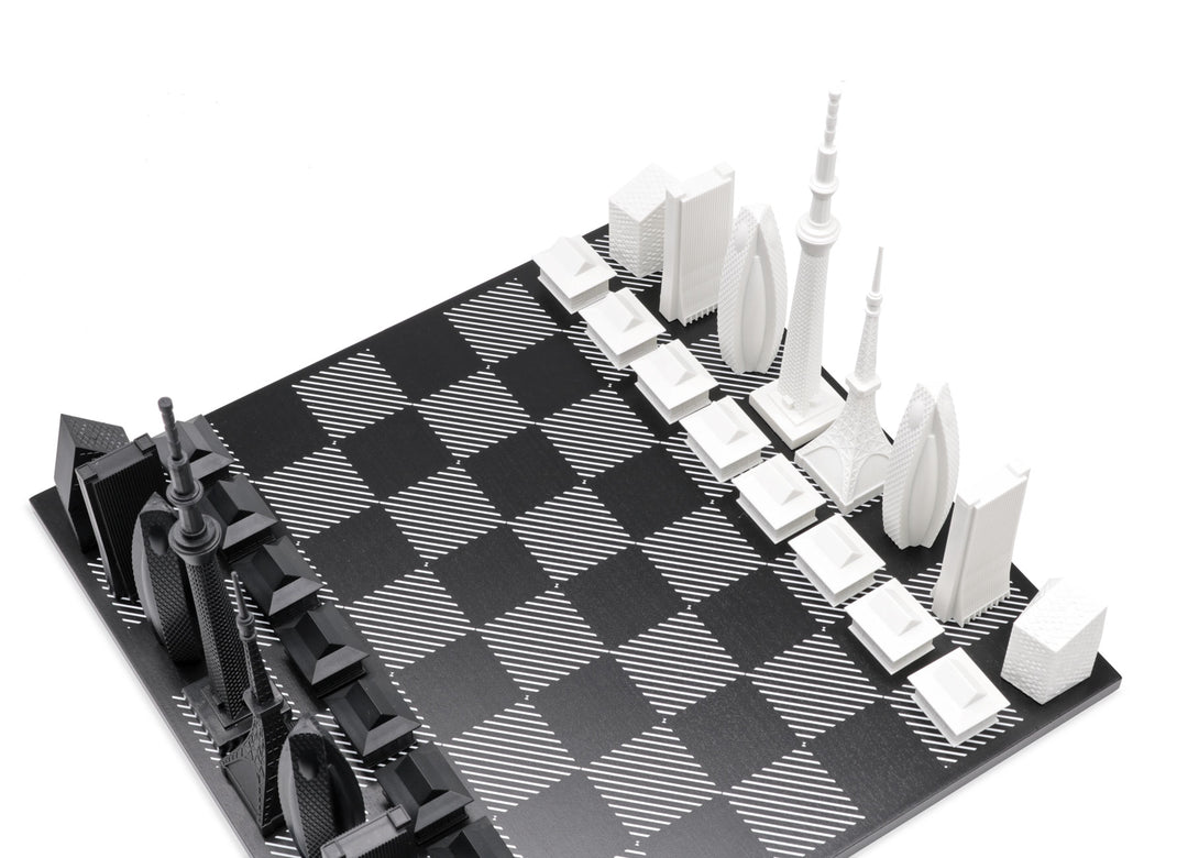 Skyline Chess Set, Tokyo, Acrylic, Corner View, Hatch Board