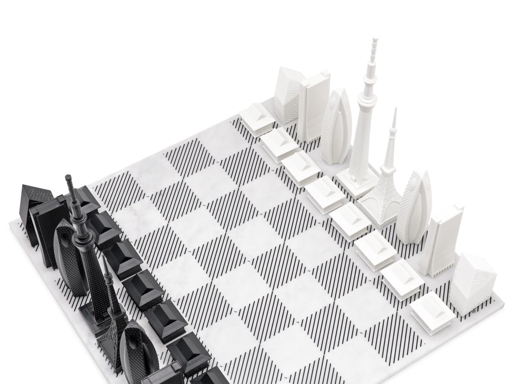 Skyline Chess Set, Tokyo, Acrylic, Corner View, Marble Board
