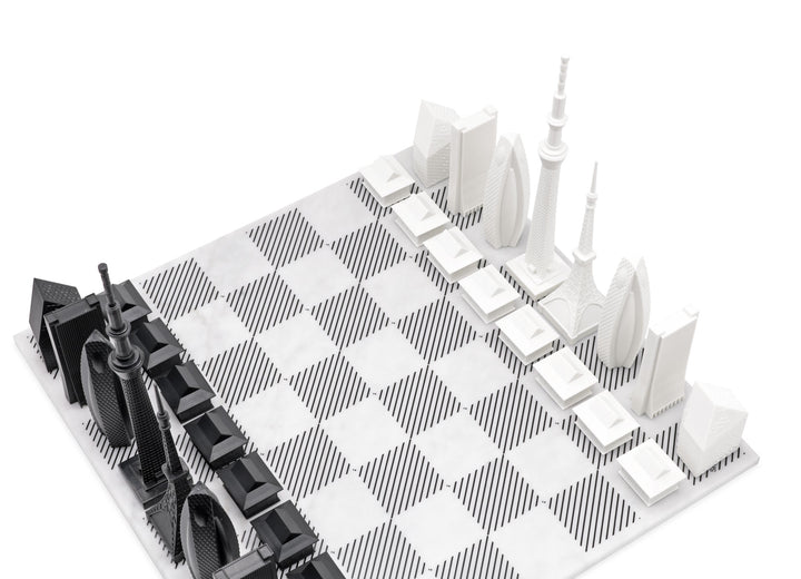 Skyline Chess Set, Tokyo, Acrylic, Corner View, Marble Board