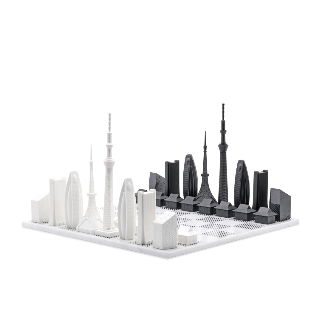 Skyline Chess Set, Tokyo, Acrylic, Corner View, Marble Board