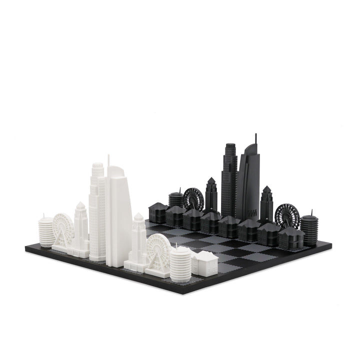Skyline Chess Set, Los Angeles, Acrylic, Hatch View, Carrara Marble Board