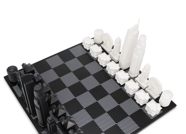 Skyline Chess Set, Los Angeles, Acrylic, Corner View, Hatch Marble Board