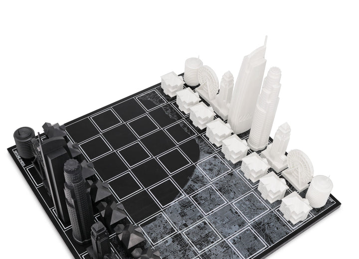 Skyline Chess Set, Los Angeles, Acrylic, Corner View, Wood Board