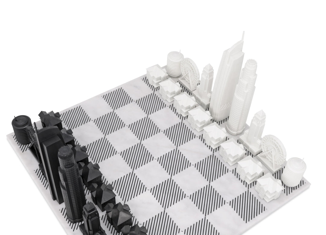 Skyline Chess Set, Los Angeles, Acrylic, Corner View, Marble Board