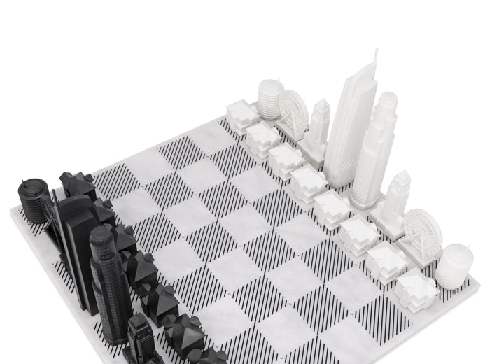 Skyline Chess Set, Los Angeles, Acrylic, Corner View, Marble Board