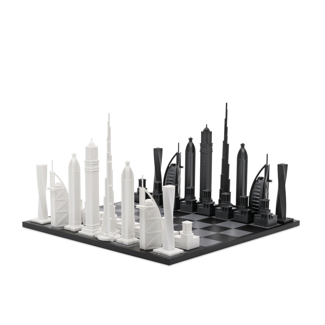 Skyline Chess Set, Dubai, Acrylic, Corner View, Hatch Board